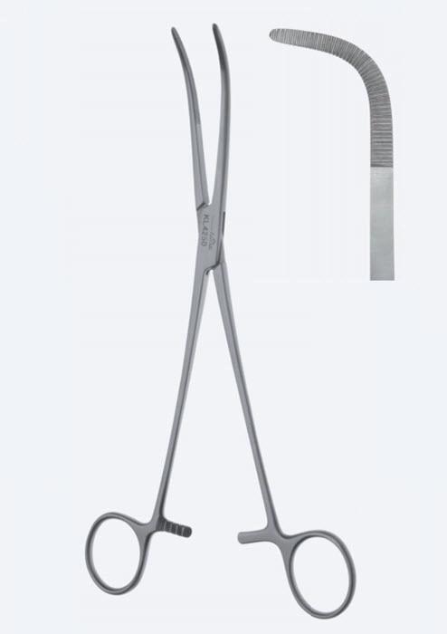 Зажими дисекційні та лігатурні, Rumel, вигнуті, зубчасті щелепи, з кремальєрою, загальна довжина 240 мм. Бренд - Asanus Medizintechnik Gmb, Німеччина